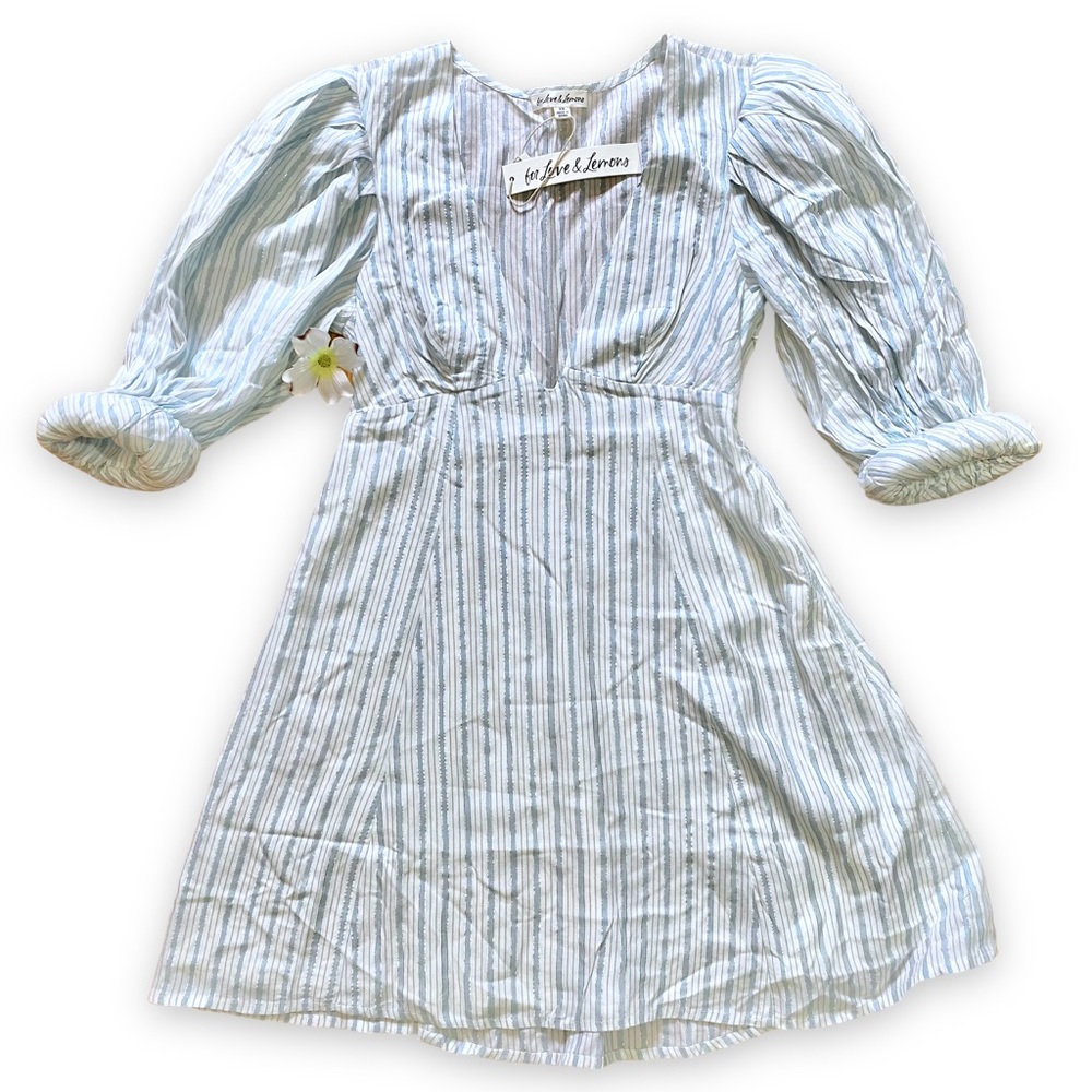 NWT For Love & Lemons Leslie Blue Striped Puff Sleeve Mini Dress - Picture 9 of 16